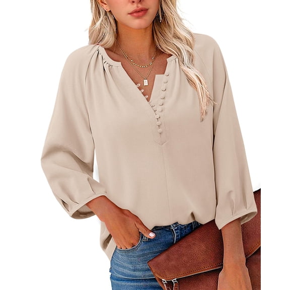 Womens Casual V Neck 3/4 Sleeve Boho Chiffon Button Down Blouses Dressy Shirts  S