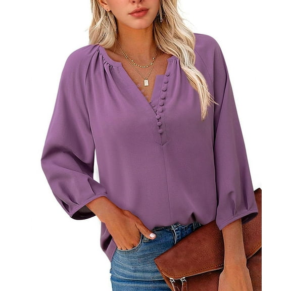 Womens Casual V Neck 3/4 Sleeve Boho Chiffon Button Down Blouses Dressy Shirts XL