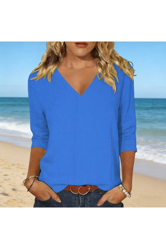 Womens Casual V-Neck Blouse 3/4 Length Sleeve Cotton Solid Color Tunic Top Flowy Business Casual Shirt Blue,Size XL