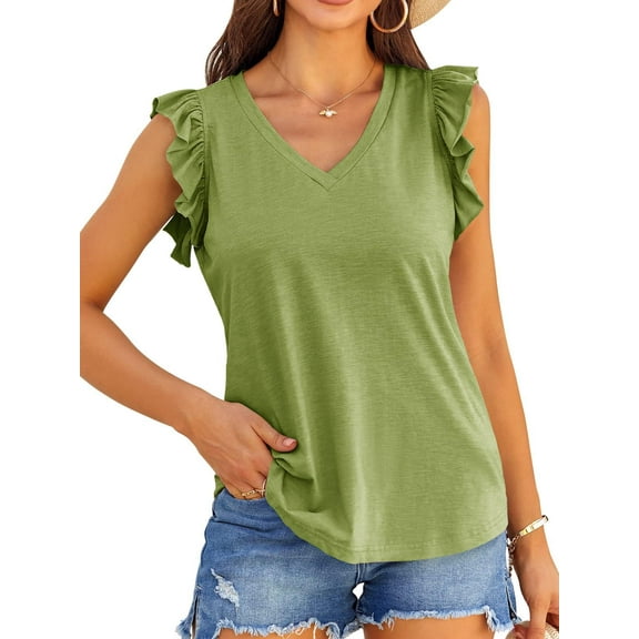 Womens Casual V Neck Blouse Tops Frilled Ruffles Solid Sleeveless Tanks