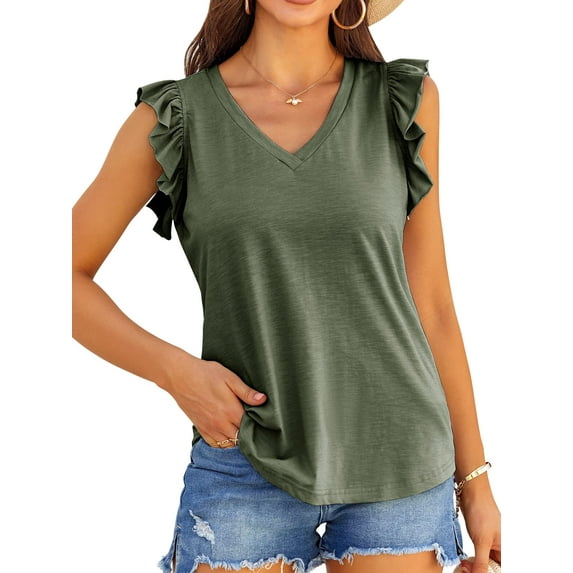 Womens Casual V Neck Blouse Tops Frilled Ruffles Solid Sleeveless Tanks