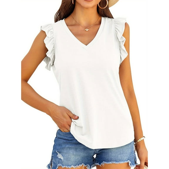 Womens Casual V Neck Blouse Tops Frilled Ruffles Solid Sleeveless Tanks