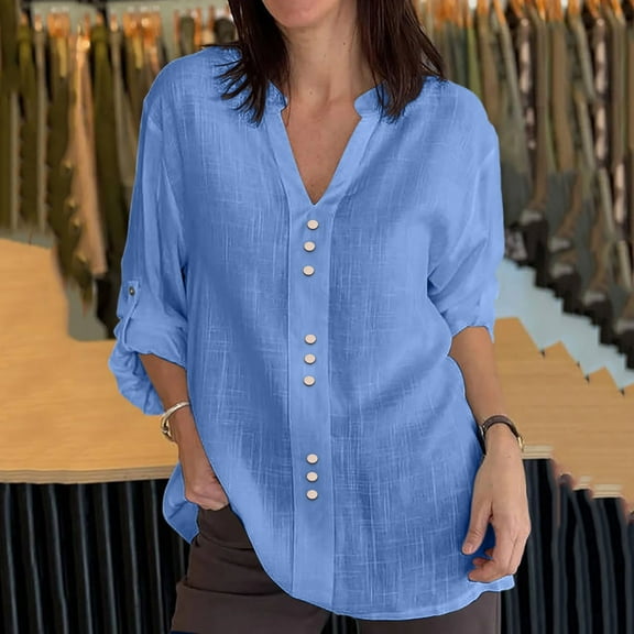 Womens Casual V Neck Collared Shirts Dressy Long Sleeve Roll Up Button Blouses Fall Loose Cover Ups Tunic Tops