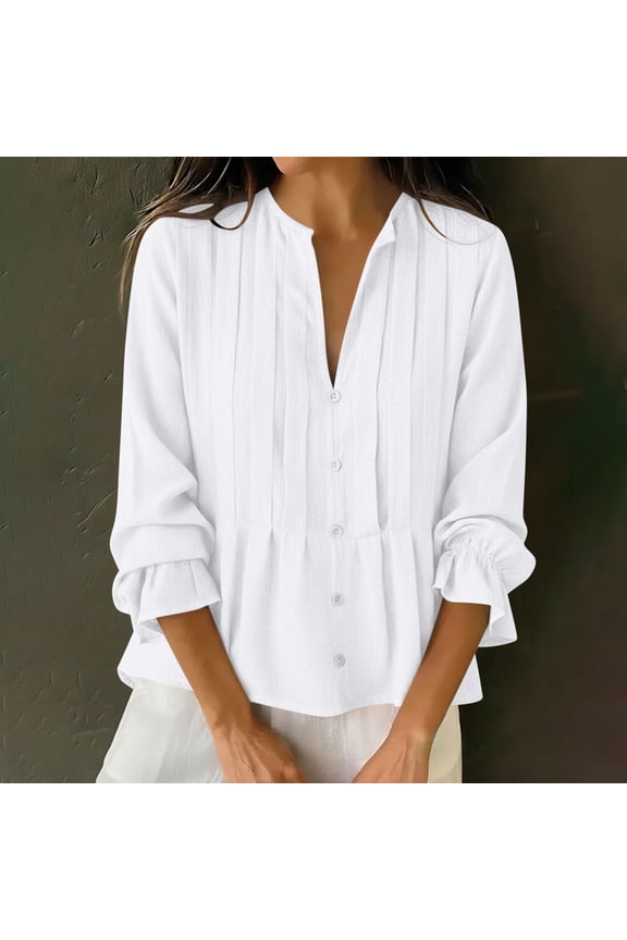 Womens Casual V-Neck Linen Blend Tunic Top 3/4 Sleeve Peplum Blouse Button Front Summer Shirt,Size M