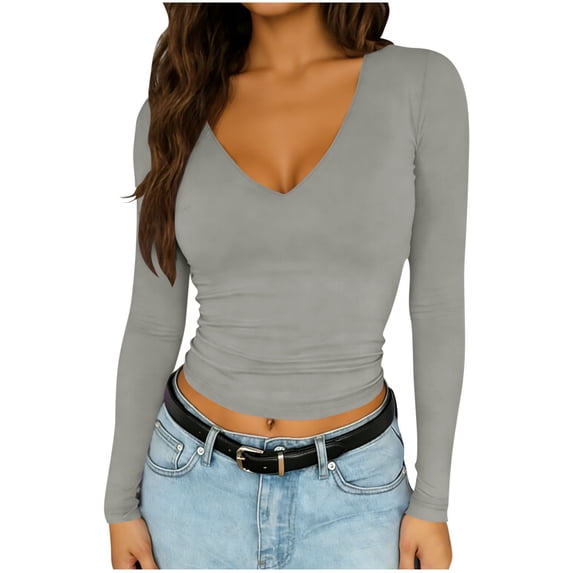 Womens Casual V-Neck Long Sleeve Shirts Going Out Double Lined Crop Tops Slim Fitted Basic Tee