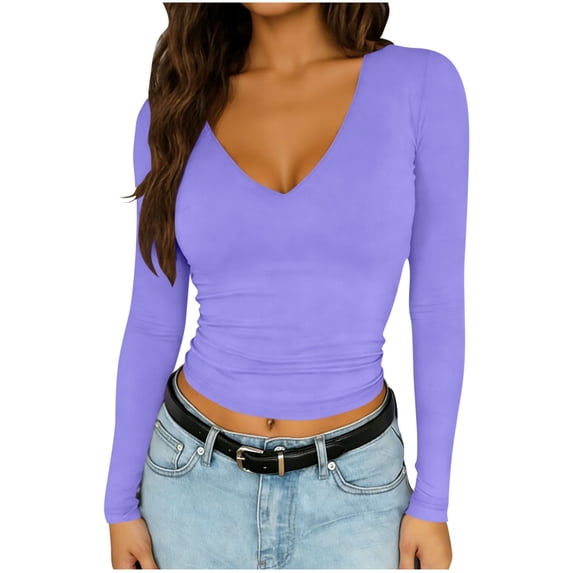 Womens Casual V-Neck Long Sleeve Shirts Going Out Double Lined Crop Tops Slim Fitted Basic Tee