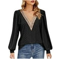 thumbnail image 1 of Womens Casual V Neck Puff Sleeve Tops Lace Patchwork Breathable Soft Comfy Long Sleeve Pullover Loose Mesh Shirt, 1 of 6