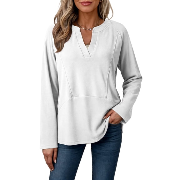 Womens Casual V Neck Sweatshirt Long Sleeve Lightweight Drop Shoulder Solid Pullover Tops