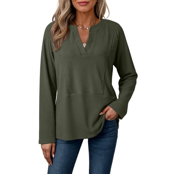 Womens Casual V Neck Sweatshirt Long Sleeve Lightweight Drop Shoulder Solid Pullover Tops