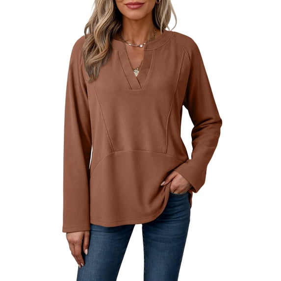 Womens Casual V Neck Sweatshirt Long Sleeve Lightweight Drop Shoulder Solid Pullover Tops