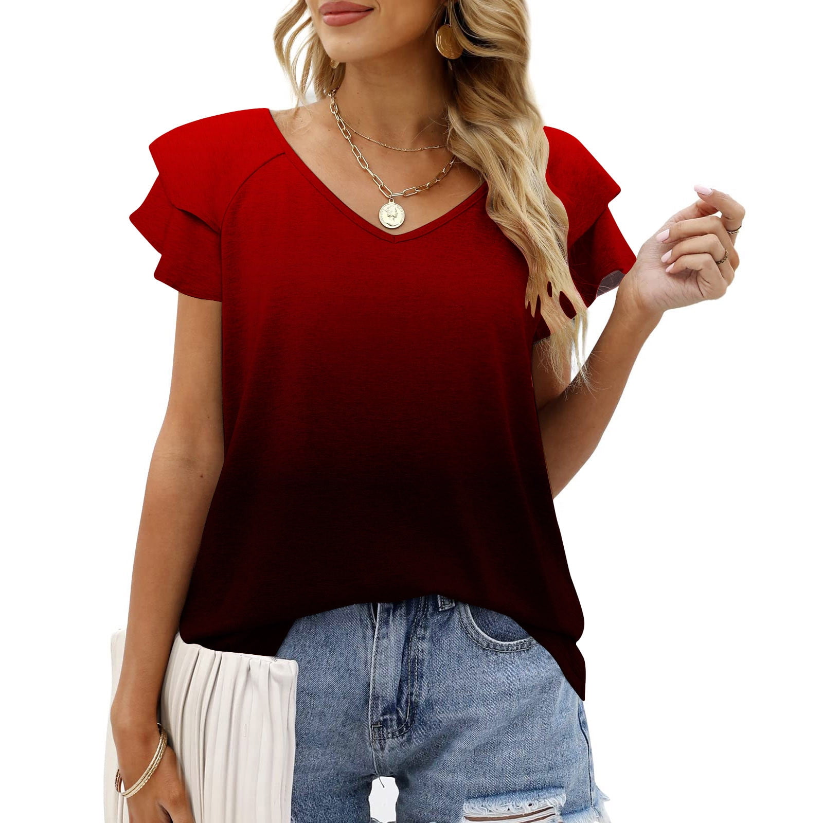 Womens Casual V Neck T Shirt Puff Sleeve Tops Ruched Elegant Summer