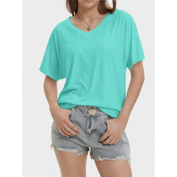 Womens Casual V Neck T Shirts Short Sleeve Loose Fit Summer Flowy Tops Tees
