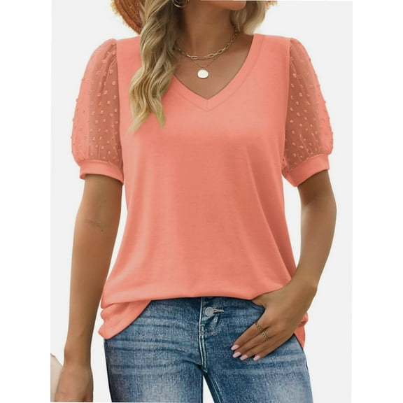 Womens Casual V Neck T Shirts Swiss Dotted Puffy Sheer Short Sleeve Blouses