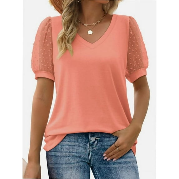 Womens Casual V Neck T Shirts Swiss Dotted Puffy Sheer Short Sleeve Blouses
