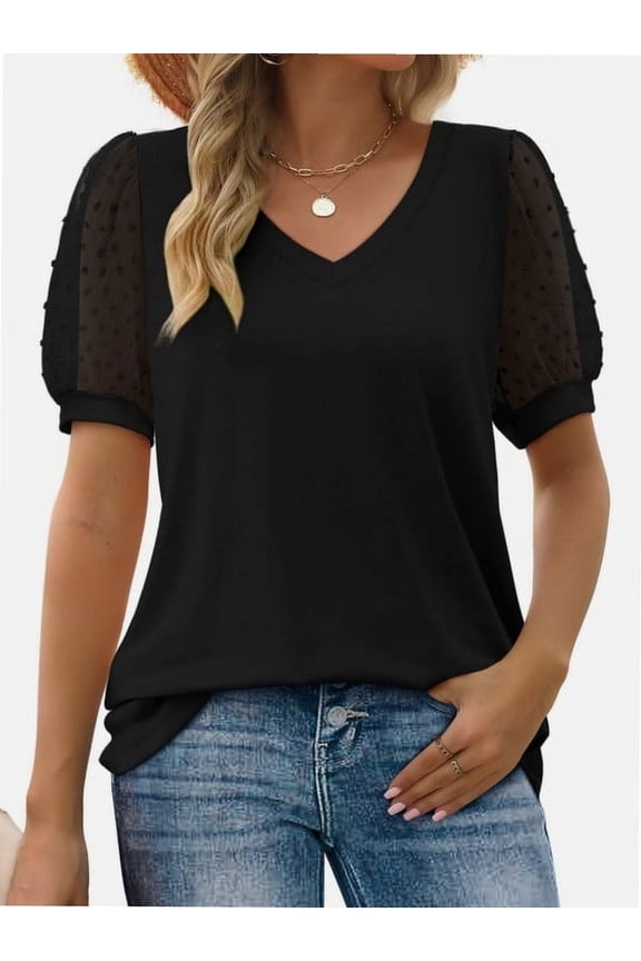 Womens Casual V Neck T Shirts Swiss Dotted Puffy Sheer Short Sleeve Blouses