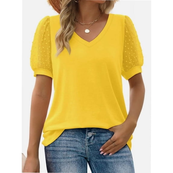Womens Casual V Neck T Shirts Swiss Dotted Puffy Sheer Short Sleeve Blouses