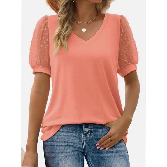 Womens Casual V Neck T Shirts Swiss Dotted Puffy Sheer Short Sleeve Blouses