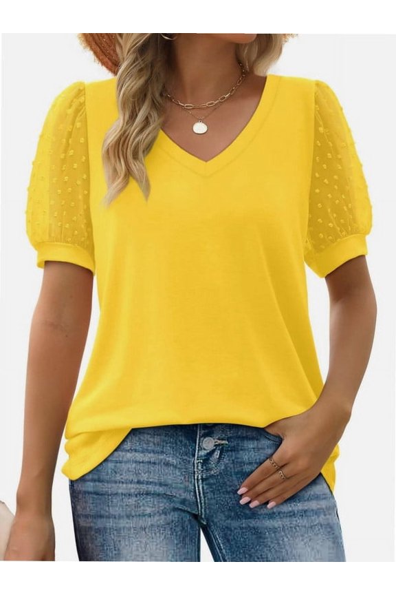 Womens Casual V Neck T Shirts Swiss Dotted Puffy Sheer Short Sleeve Blouses