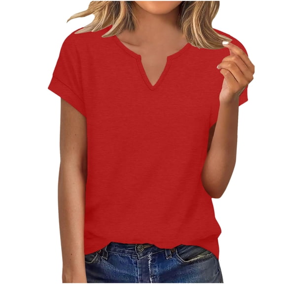 Womens Casual V-Neck Tee - Red Short Sleeve Top, Relaxed Fit Soft Breathable Shirt in Cotton Blend for Everyday, Sizes S-XXL,Size S