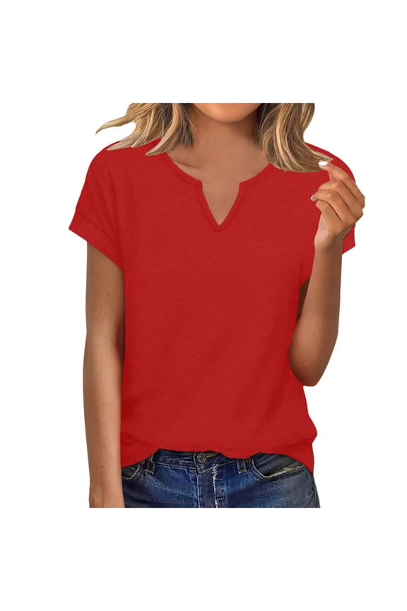 Womens Casual V-Neck Tee - Red Short Sleeve Top, Relaxed Fit Soft Breathable Shirt in Cotton Blend for Everyday, Sizes S-XXL,Size S