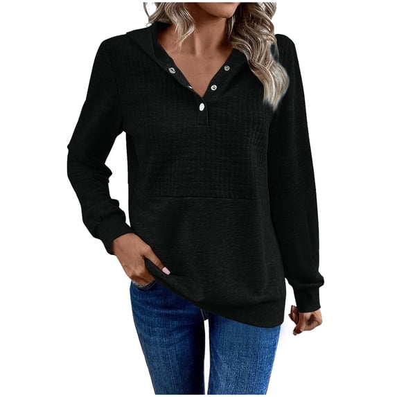 Womens Casual V Neck Waffle Knit Tops Hoodie Long Sleeve Button Up Shirts Loose Blouses Black XXL