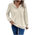 thumbnail image 1 of Womens Casual V Neck Waffle Knit Tops Hoodie Long Sleeve Button Up Shirts Loose Blouses Khaki M, 1 of 4