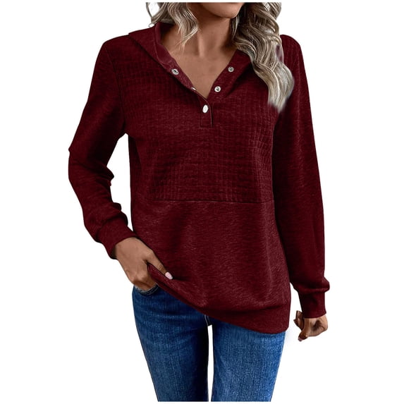 Womens Casual V Neck Waffle Knit Tops Hoodie Long Sleeve Button Up Shirts Loose Blouses Wine XXXL