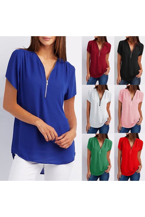 Womens Casual V-Neck Zipper T-Shirt Solid Color Short Sleeve Top Practical Zip Front Tee Lightweight Breathable Summer Pullover