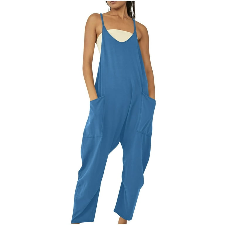 Womens Casual V neck Overalls Sleeveless Baggy Harem Long Pants Romper Adjustable Spaghetti Strap Jumpsuits with Pockets Walmart