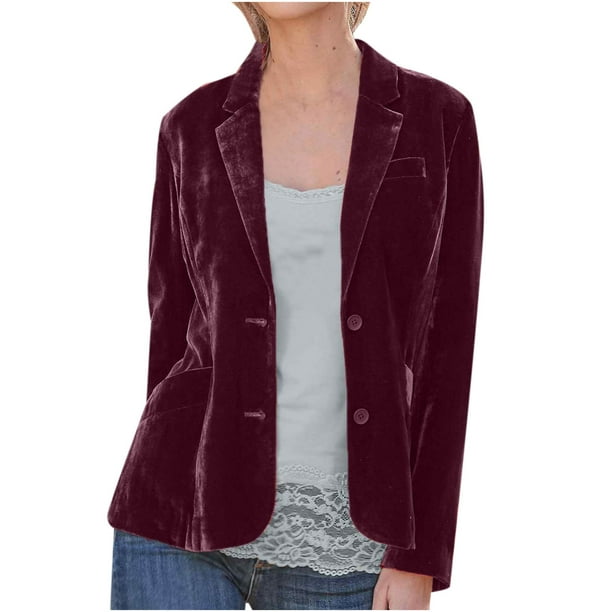 Qolati Womens Casual Velvet Blazer Jackets Long Sleeve Lapel Buttons Open Front Work Suits Trendy Solid Color Regular Fit Lightweight Fall Business