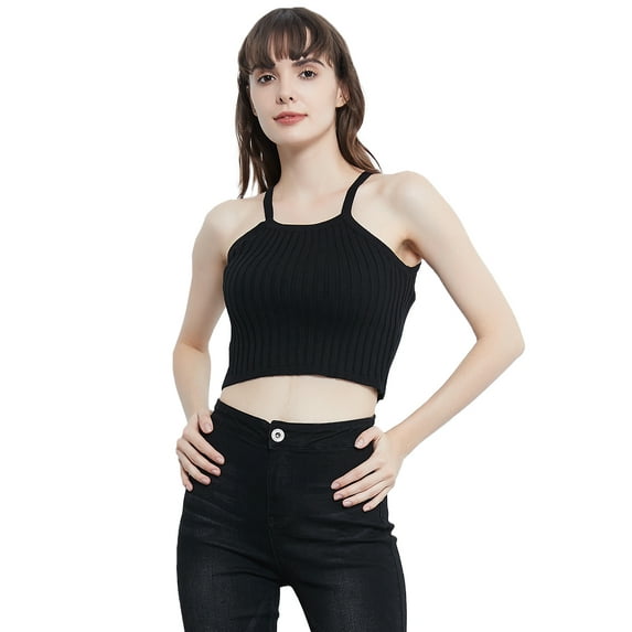 Womens Casual Vest Stretch Rib Knit Cropped Yoga Sleeveless High Elastic Tank Tops