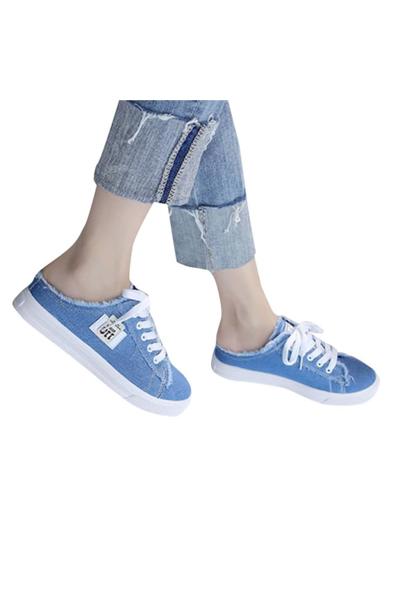 Womens Casual Walking Flats, Women's Denim Mule Sneakers Casual Slip On Canvas Backless Loafers, Comfort Low Top Fray Edge Walking Shoes, Summer Outdoor Beach Sliders Non Slip Flats, Blue 7