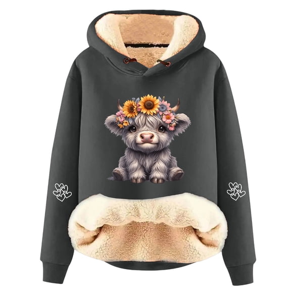 Womens Casual Warm Hoodies Long Sleeve Highland Cattle Print Thick Hooded Sweatshirts Fall Fashion Pullover Sweaters Winter Clothes
