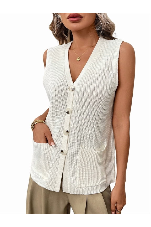 Womens Casual Wear Fashion Crochet Cardigan Sleeveless Vest Sweater Summer Cream White M