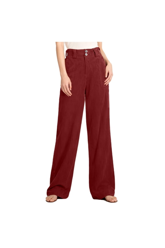 Womens Casual Wide Leg Corduroy Pants High Waisted Up Down Straight Dress Pant Long Trousers Palazzo Pants Pockets Wine