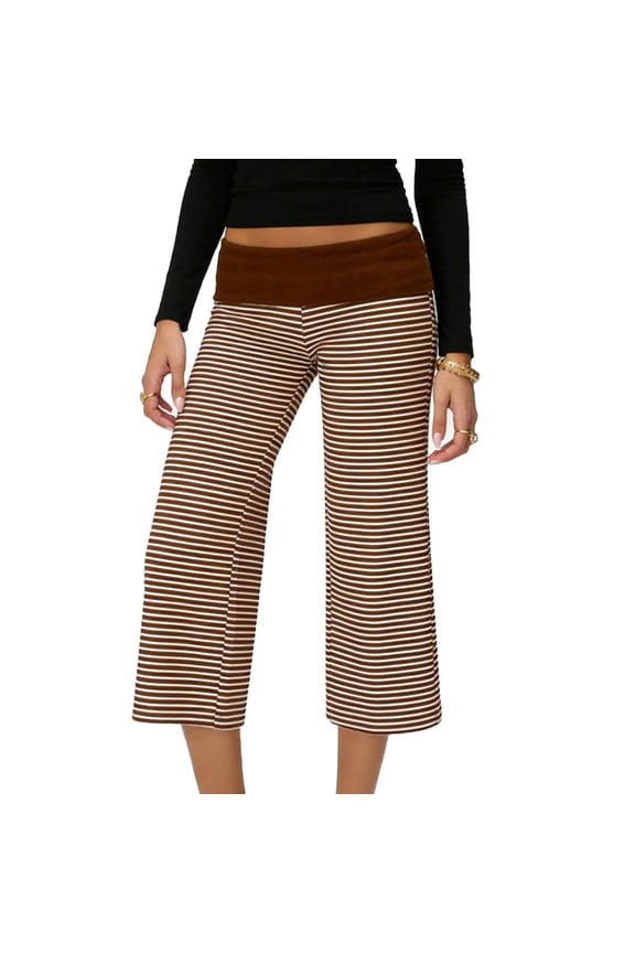 Womens Casual Wide Leg Cropped Pants Low Rise Fold Over Stretch Gaucho Pants for Summer Beach Holiday Streetwear Brown M