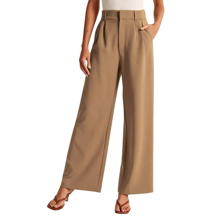 Womens Casual Wide Leg Dress Pants High Waist Tailored Button Down Trousers With Pockets All Match Style Female Trousers Khaki M Walmart