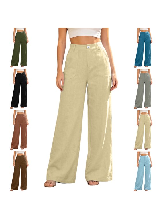 Womens Casual Wide Leg Lightweight Breathable Pants Elastic High Waisted Button Down Straight Long Trousers Hiking Travel Palazzo Pants with Pockets