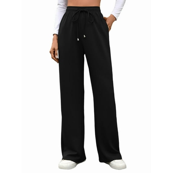 Womens Casual Wide Leg Loose Fall Drawstring Elastic High Waisted Athletic Joggers with Pockets Black S