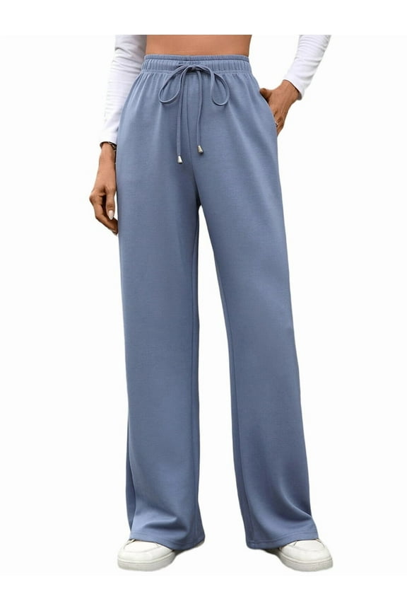 Womens Casual Wide Leg Loose Fall Drawstring Elastic High Waisted Athletic Joggers with Pockets Blue S