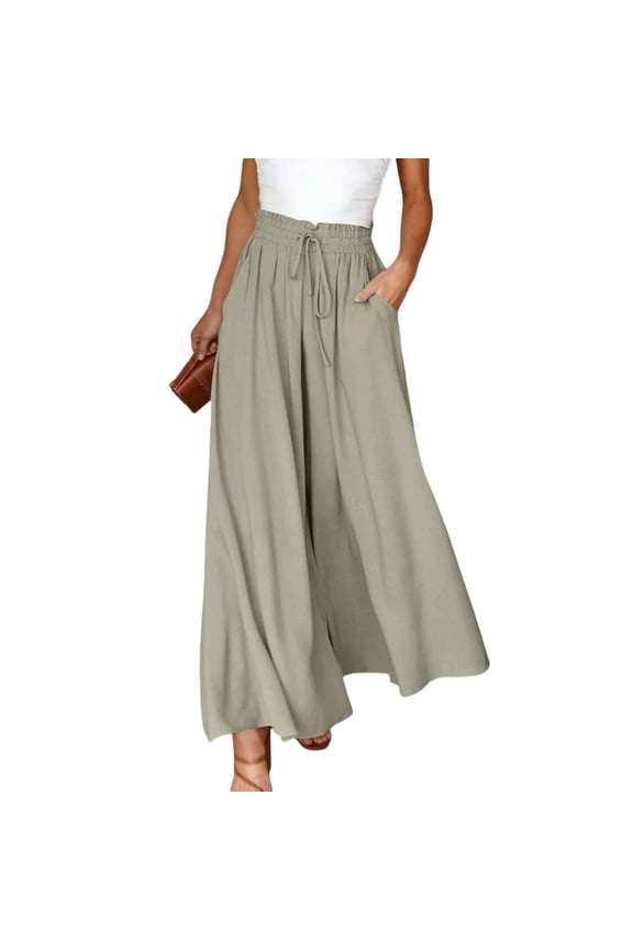 Womens Casual Wide Leg Pants Drawstring Ruffle Belted Elastic Waist Baggy with Pockets