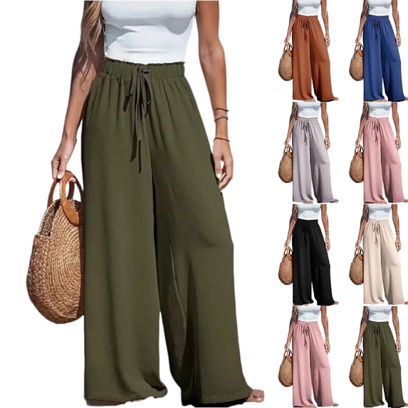 Womens Casual Wide Leg Pants High Waisted Adjustable Tie Knot Flowy Trousers Lounge Beach Palazzo Pants for Women Army Green XL