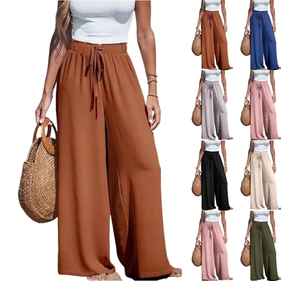 Womens Casual Wide Leg Pants High Waisted Adjustable Tie Knot Flowy Trousers Lounge Beach Palazzo Pants for Women Light Brown XL