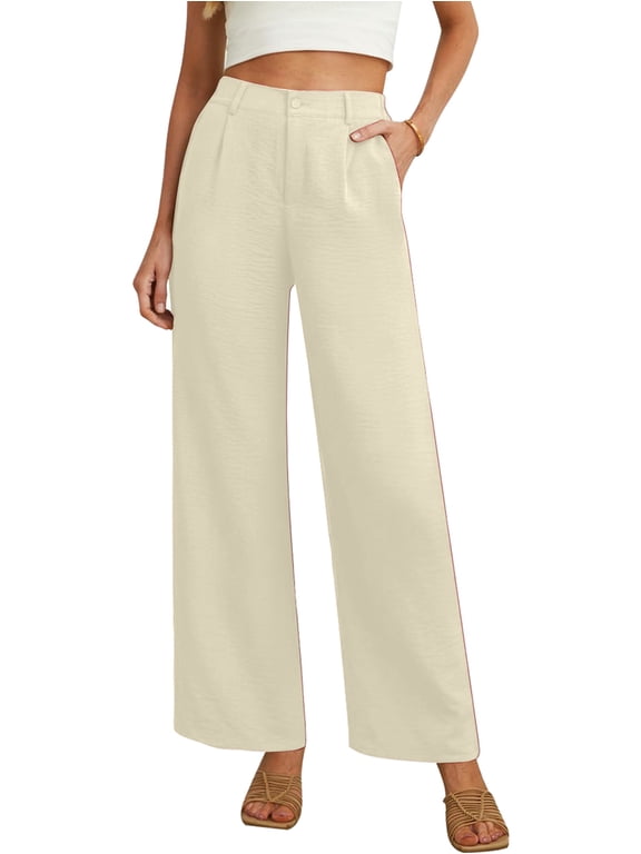 Womens Casual Wide Leg Pants High Waisted Button Down Straight Long Trousers Palazzo Pants Beige L