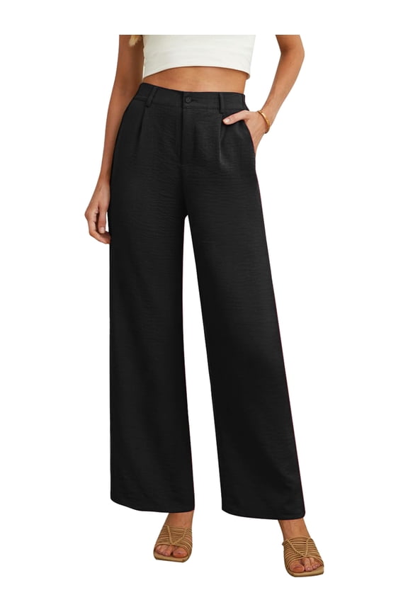 Womens Casual Wide Leg Pants High Waisted Button Down Straight Long Trousers Palazzo Pants Black M