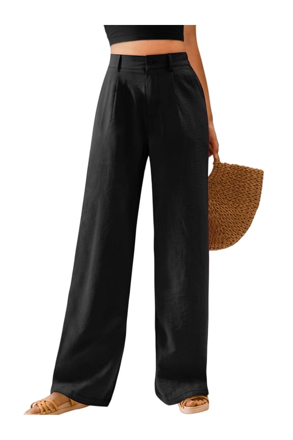 Womens Casual Wide Leg Pants High Waisted Button Down Straight Long Trousers Palazzo Pants Black XXL