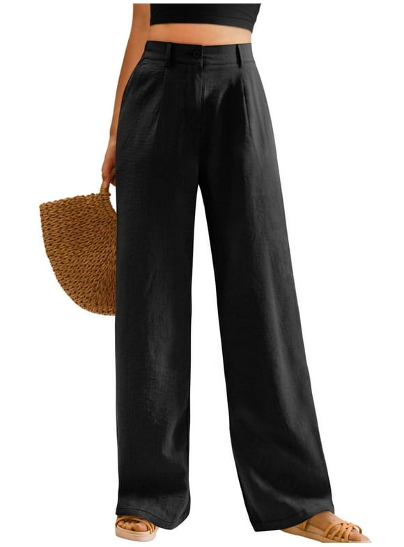 Womens Casual Wide Leg Pants High Waisted Button Down Straight Long Trousers Palazzo Pants