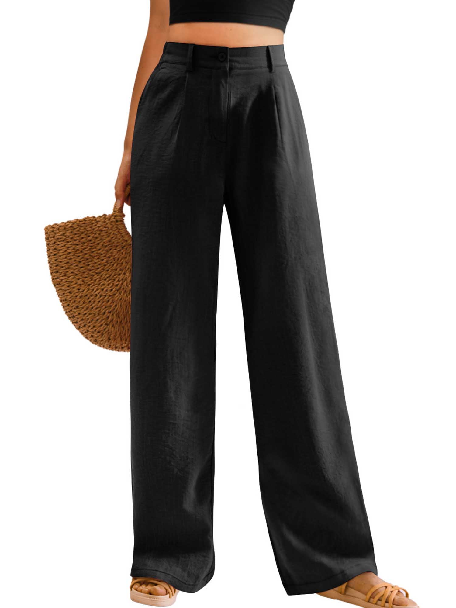 Womens Casual Wide Leg Pants High Waisted Button Down Straight Long ...