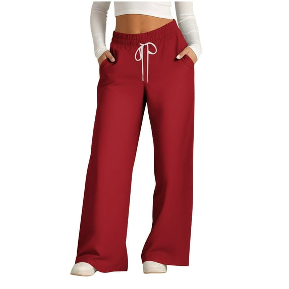 Womens Casual Wide Leg Pants High Waisted Straight Long Trousers Palazzo Pants Red XL