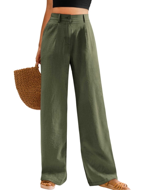 Womens Casual Wide Leg Pants Plus Size High Waisted Button Down Straight Long Trousers Palazzo Pants Slacks with Pockets 3XL